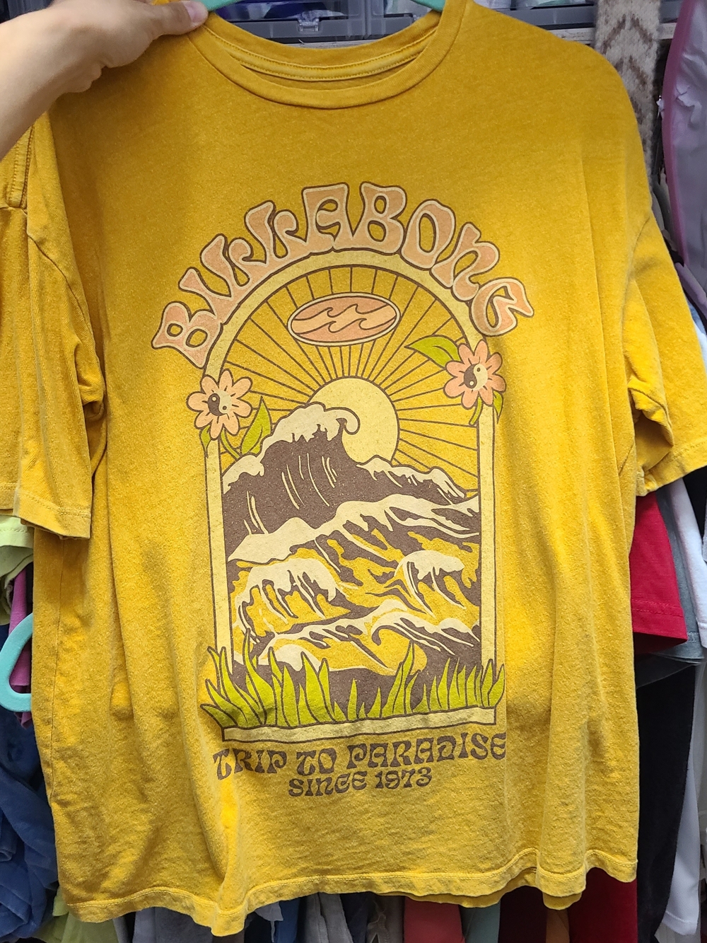 Billabong Mustard Yellow Graphic Tee with Retro Surf Print